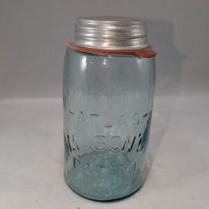 Antique Atlas Mason's Patent Blue Aqua Glass Fruit Jar with Zinc Lid 7 inch‎